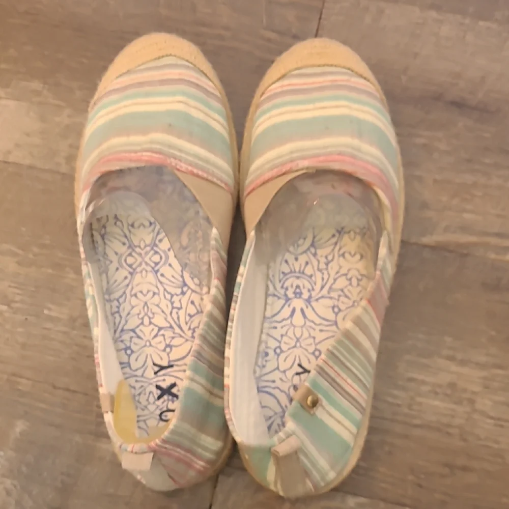 ROXY Size 8.5 Teal Cream Striped Espadrille Flat Slip On Shoes